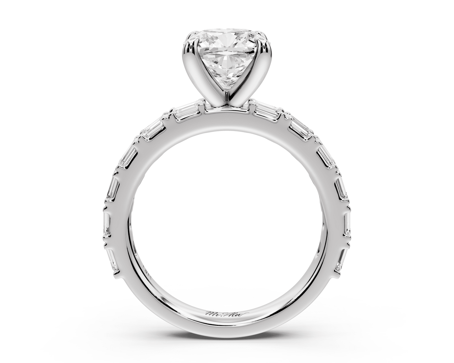 Nadia - 2ct platinum cushion diamond with east - west emerald cut accent stones engagement ring - Mr. Alex Jewelry