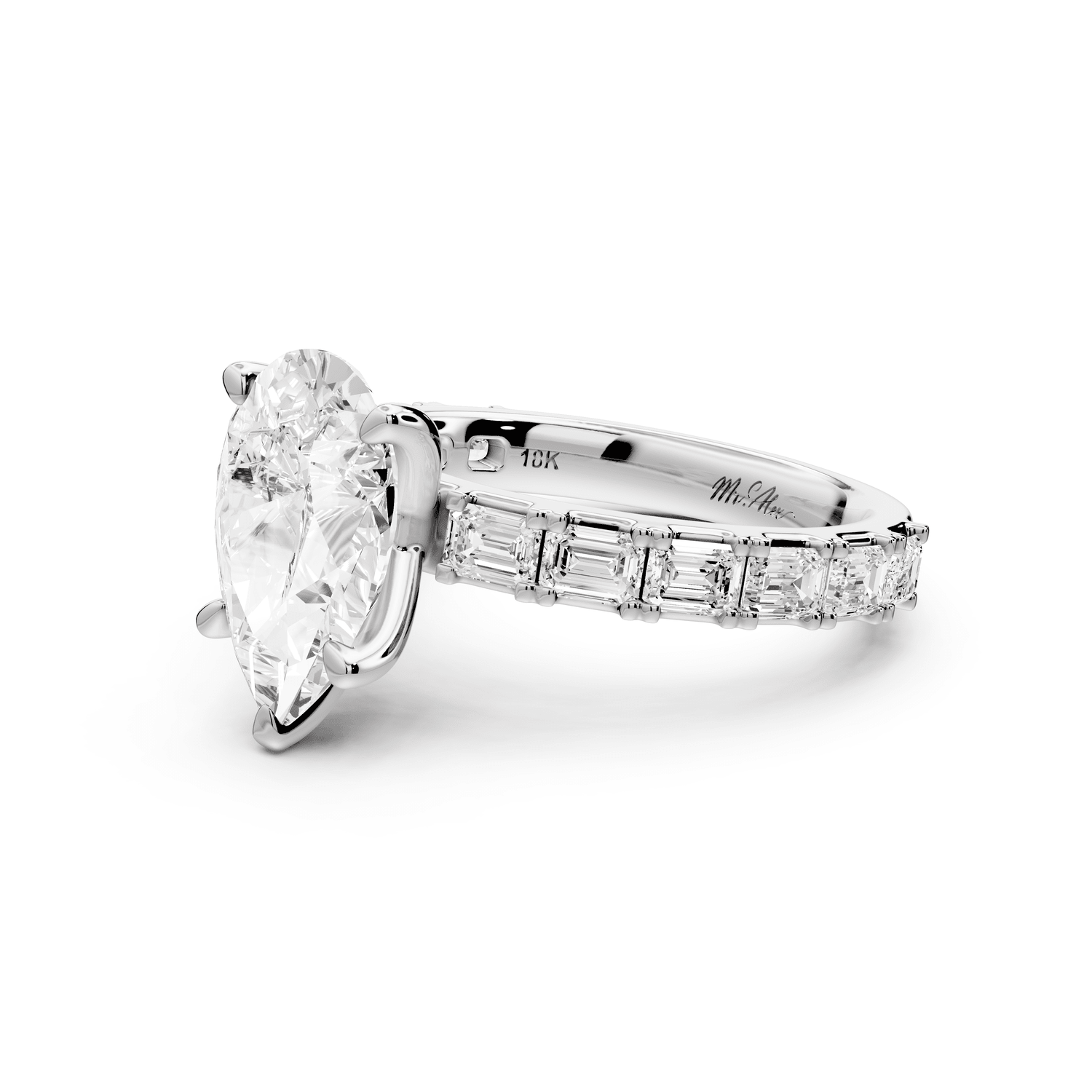 Nadia - 2ct platinum pear diamond with east - west emerald cut accent stones engagament ring - Mr. Alex Jewelry