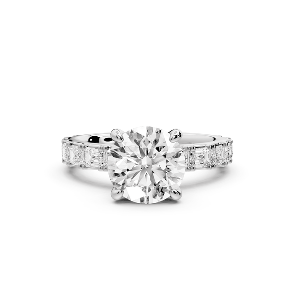 Nadia - 2ct platinum round diamond with east - west emerald cut accent stones engagement ring - Mr. Alex Jewelry