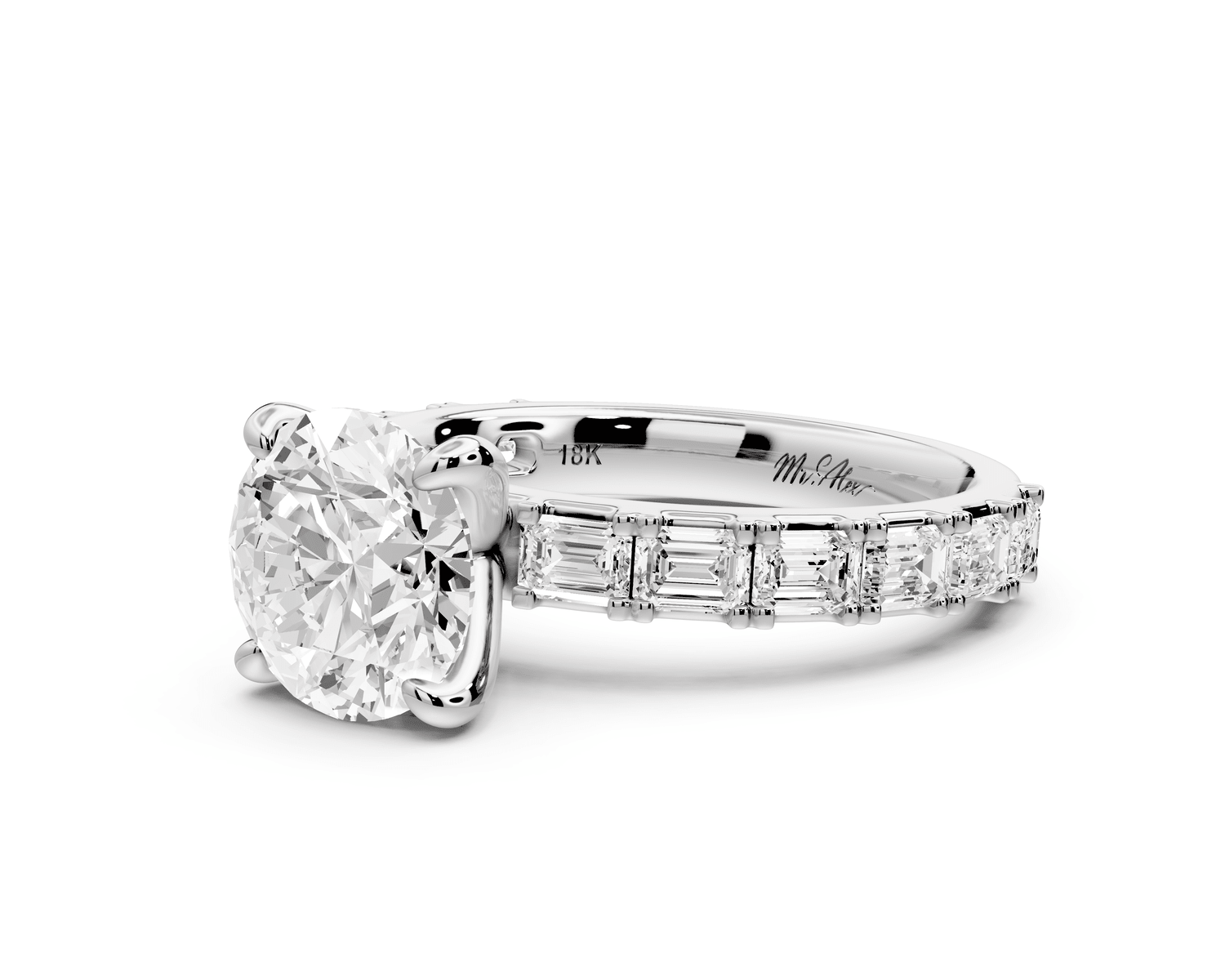 Nadia - 2ct platinum round diamond with east - west emerald cut accent stones engagement ring - Mr. Alex Jewelry