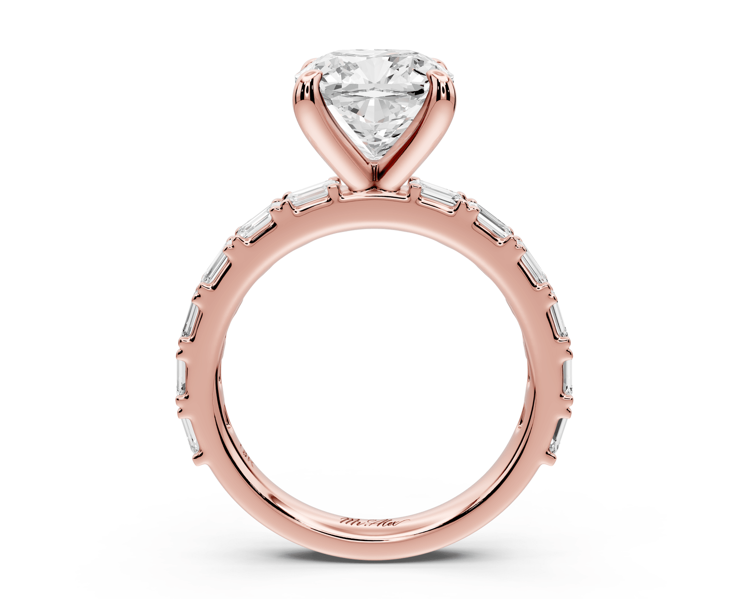 Nadia - 3ct 14k rose gold cushion diamond with east - west emerald cut accent stones engagement ring - Mr. Alex Jewelry
