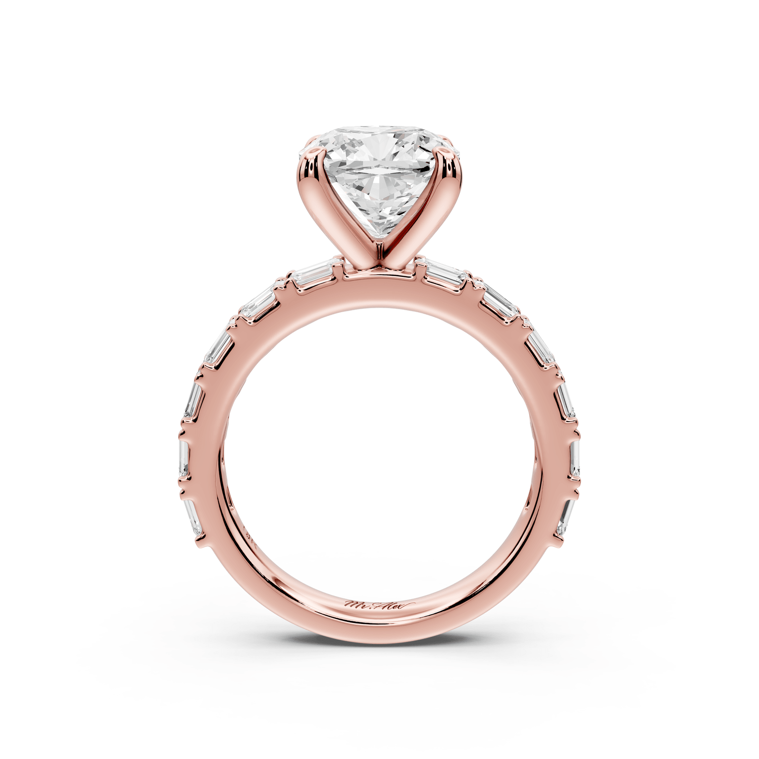 Nadia - 3ct 14k rose gold cushion diamond with east - west emerald cut accent stones engagement ring - Mr. Alex Jewelry