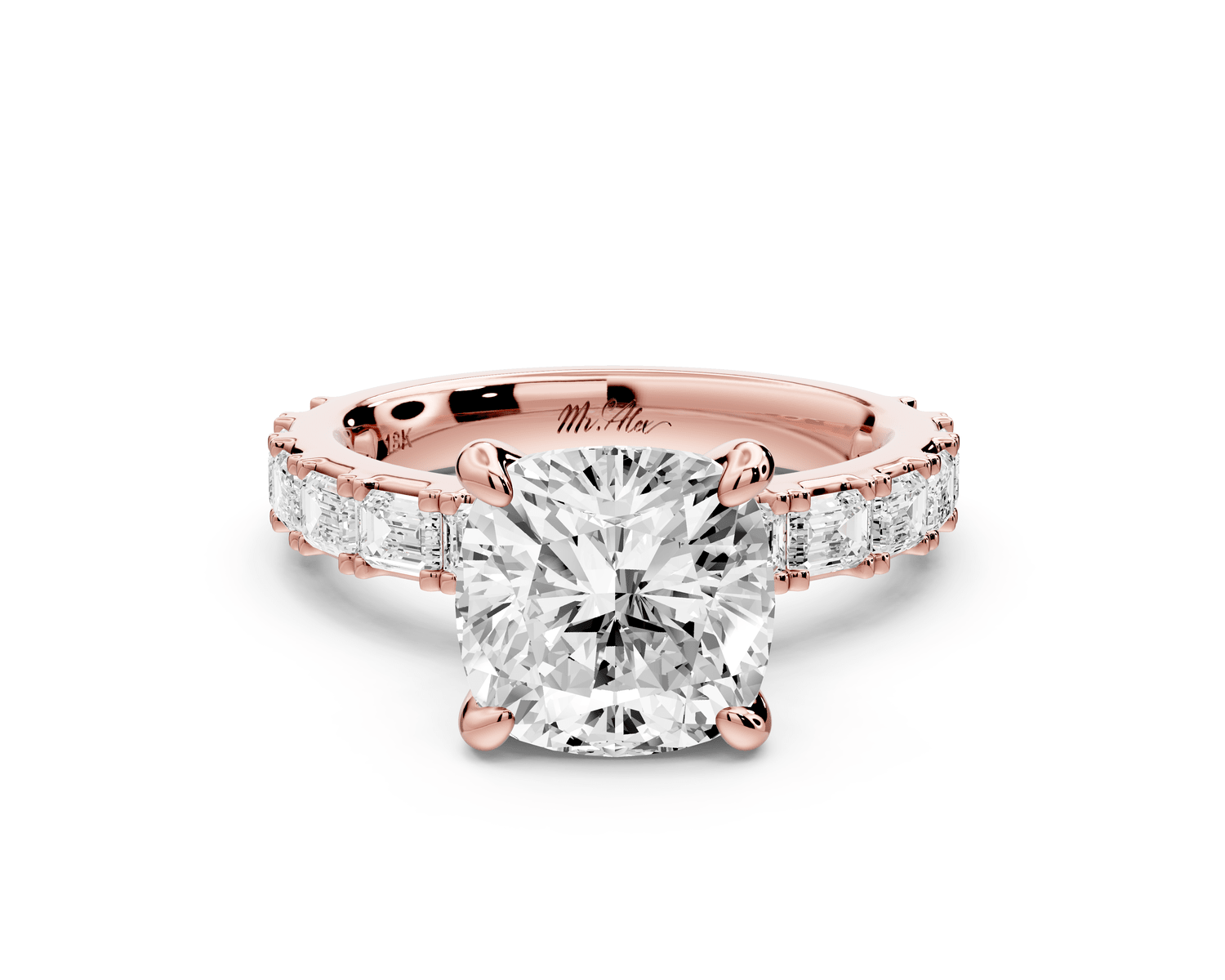 Nadia - 3ct 14k rose gold cushion diamond with east - west emerald cut accent stones engagement ring - Mr. Alex Jewelry