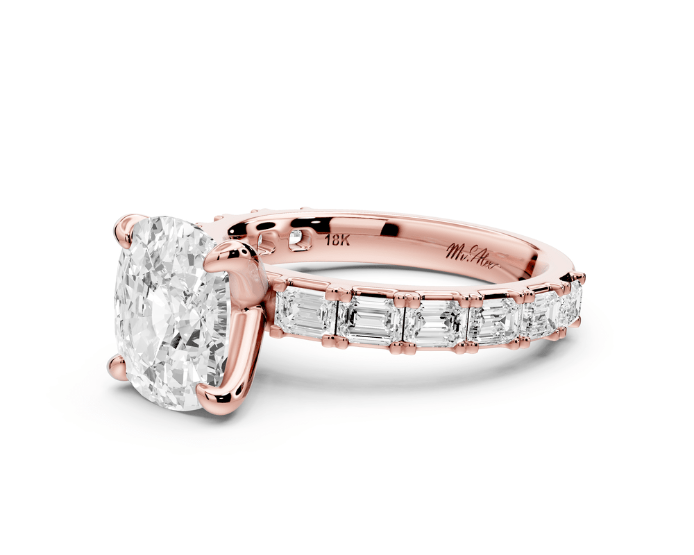 Nadia - 3ct 14k rose gold ecushion diamond with east - west emerald cut accent stones engagement ring - Mr. Alex Jewelry