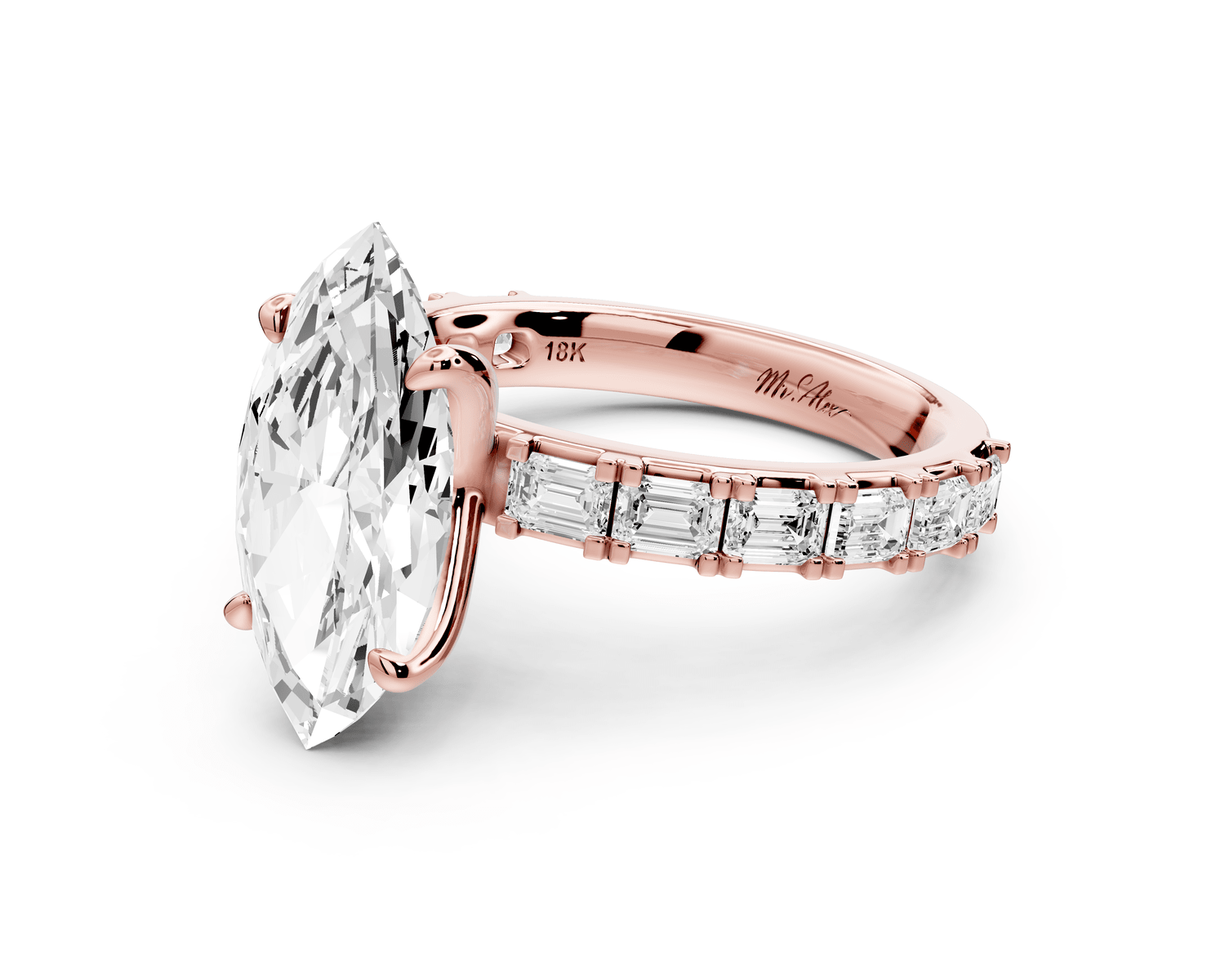 Nadia - 3ct 14k rose gold marquise diamond with east - west emerald cut accent stones engagement ring - Mr. Alex Jewelry