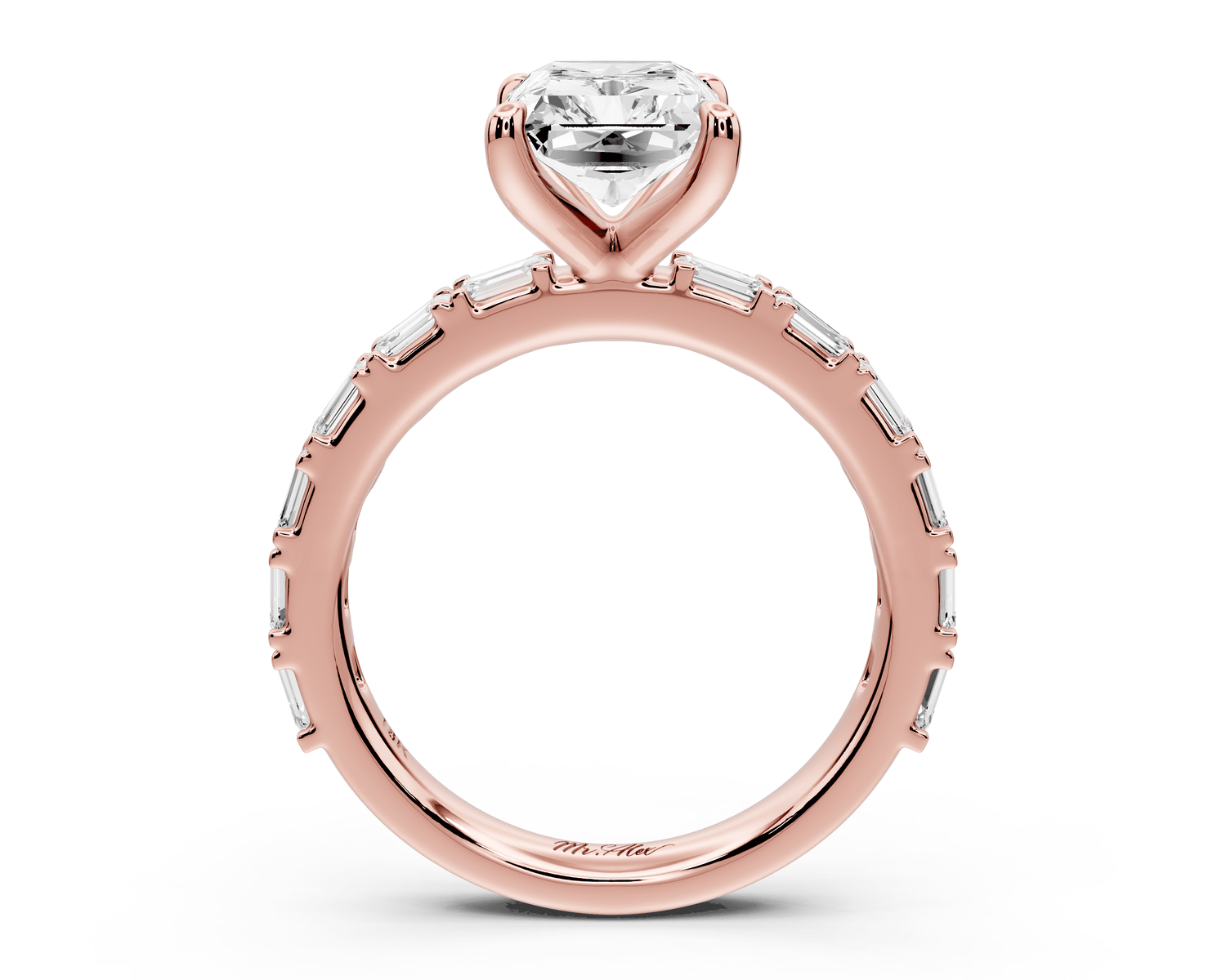Nadia - 3ct 14k rose gold radiant diamond with east - west emerald cut accent stones engagement ring - Mr. Alex Jewelry