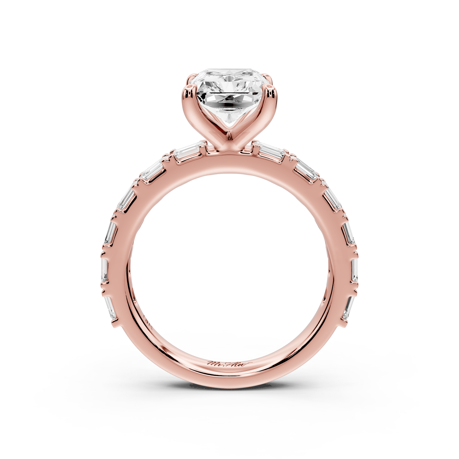 Nadia - 3ct 14k rose gold radiant diamond with east - west emerald cut accent stones engagement ring - Mr. Alex Jewelry