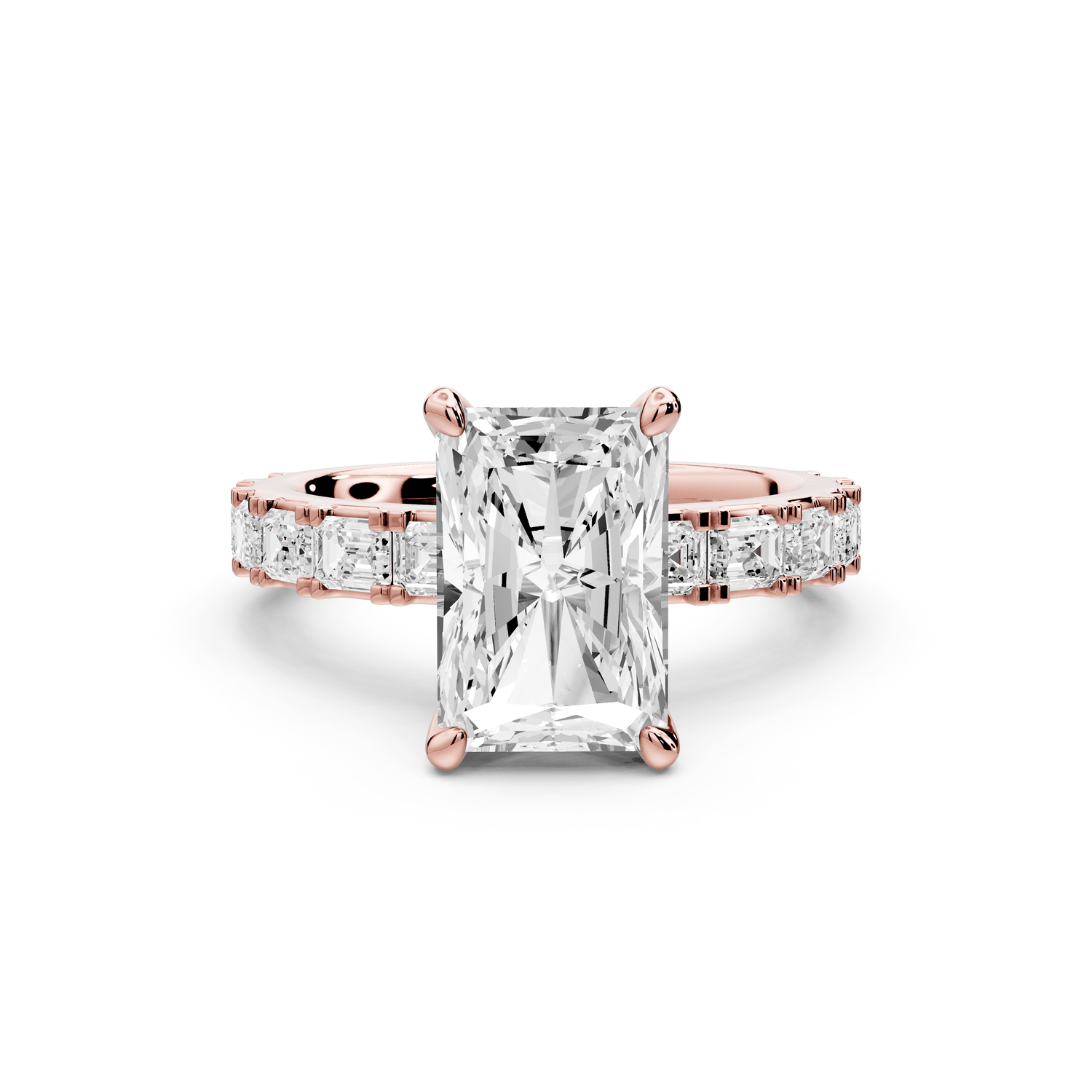 Nadia - 3ct 14k rose gold radiant diamond with east - west emerald cut accent stones engagement ring - Mr. Alex Jewelry