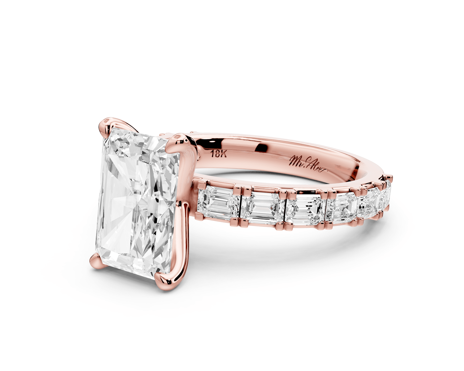 Nadia - 3ct 14k rose gold radiant diamond with east - west emerald cut accent stones engagement ring - Mr. Alex Jewelry