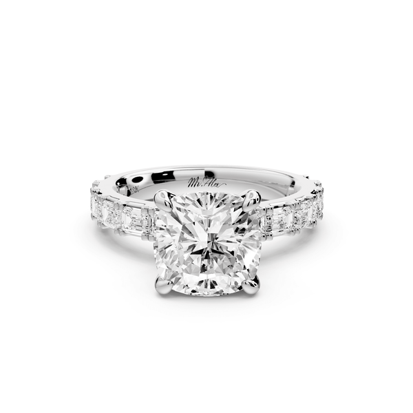 Nadia - 3ct 14k white gold cushion diamond with east - west emerald cut accent stones engagement ring - Mr. Alex Jewelry