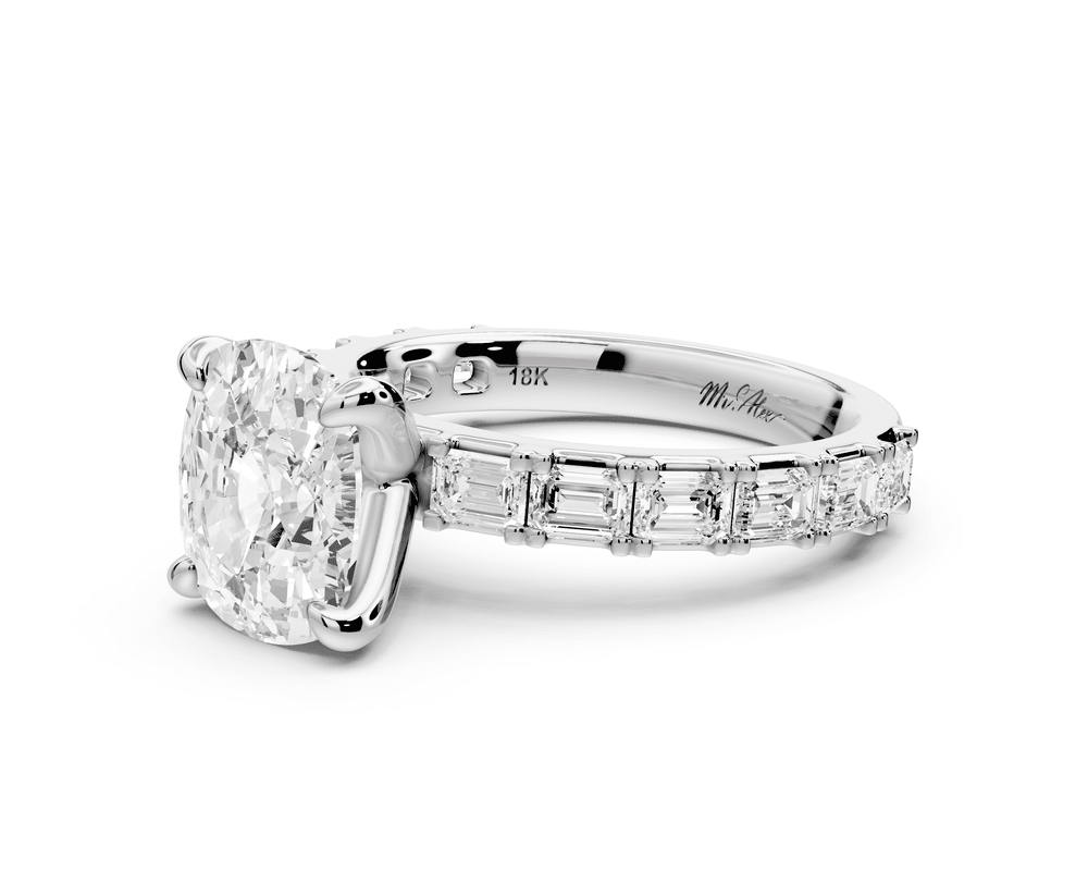 Nadia - 3ct 14k white gold ecushion diamond with east - west emerald cut accent stones engagement ring - Mr. Alex Jewelry