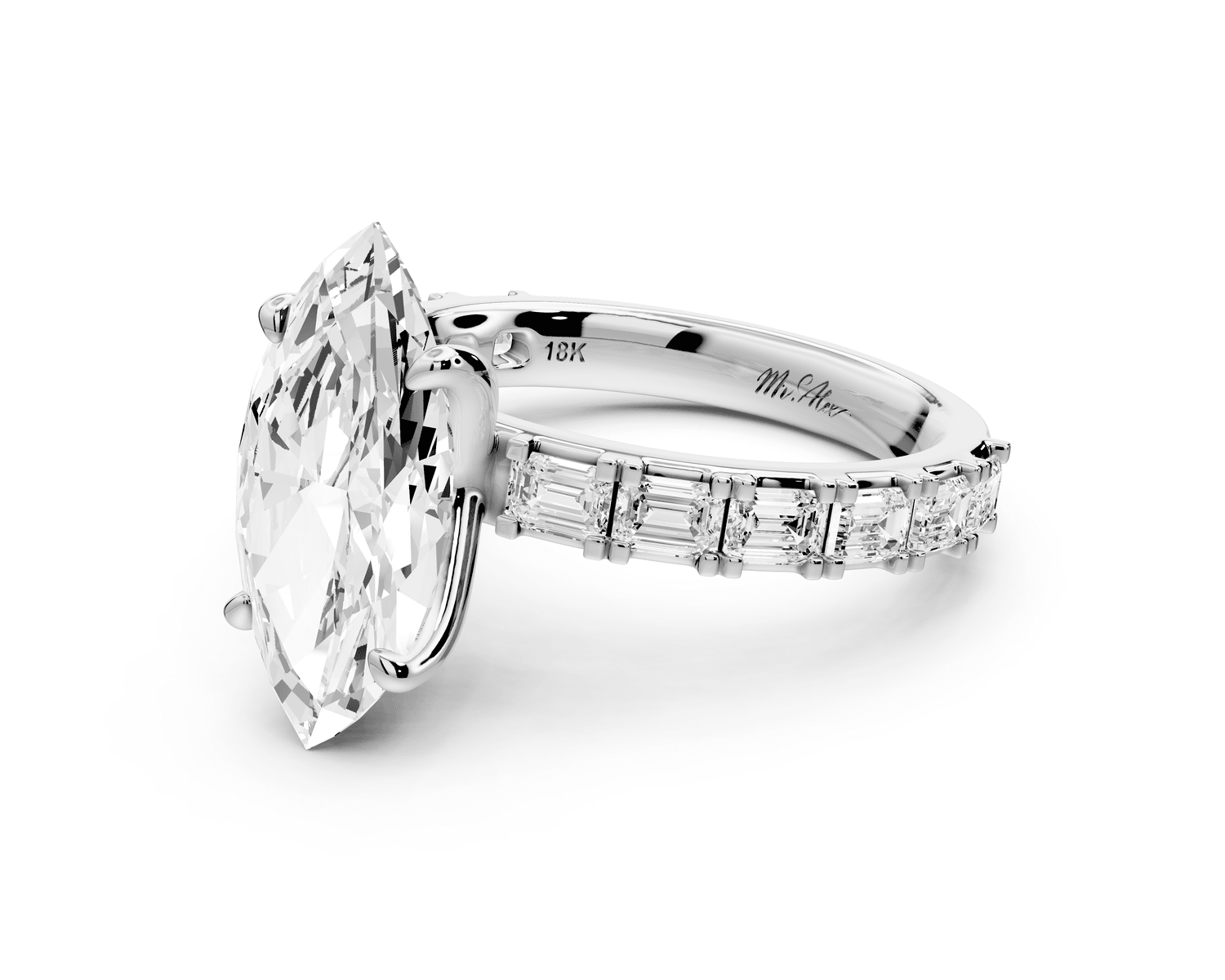 Nadia - 3ct 14k white gold marquise diamond with east - west emerald cut accent stones engagement ring - Mr. Alex Jewelry