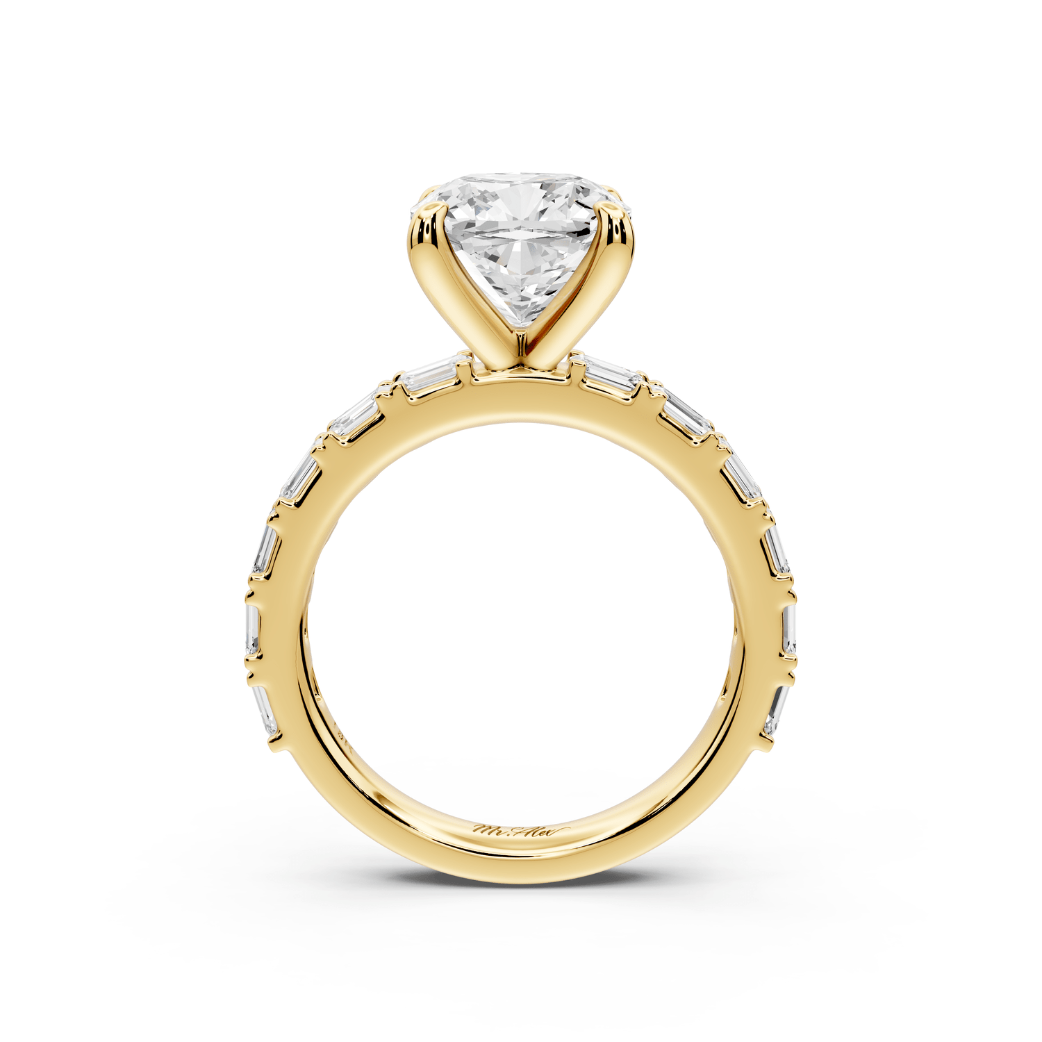 Nadia - 3ct 14k yellow gold cushion diamond with east - west emerald cut accent stones engagement ring - Mr. Alex Jewelry