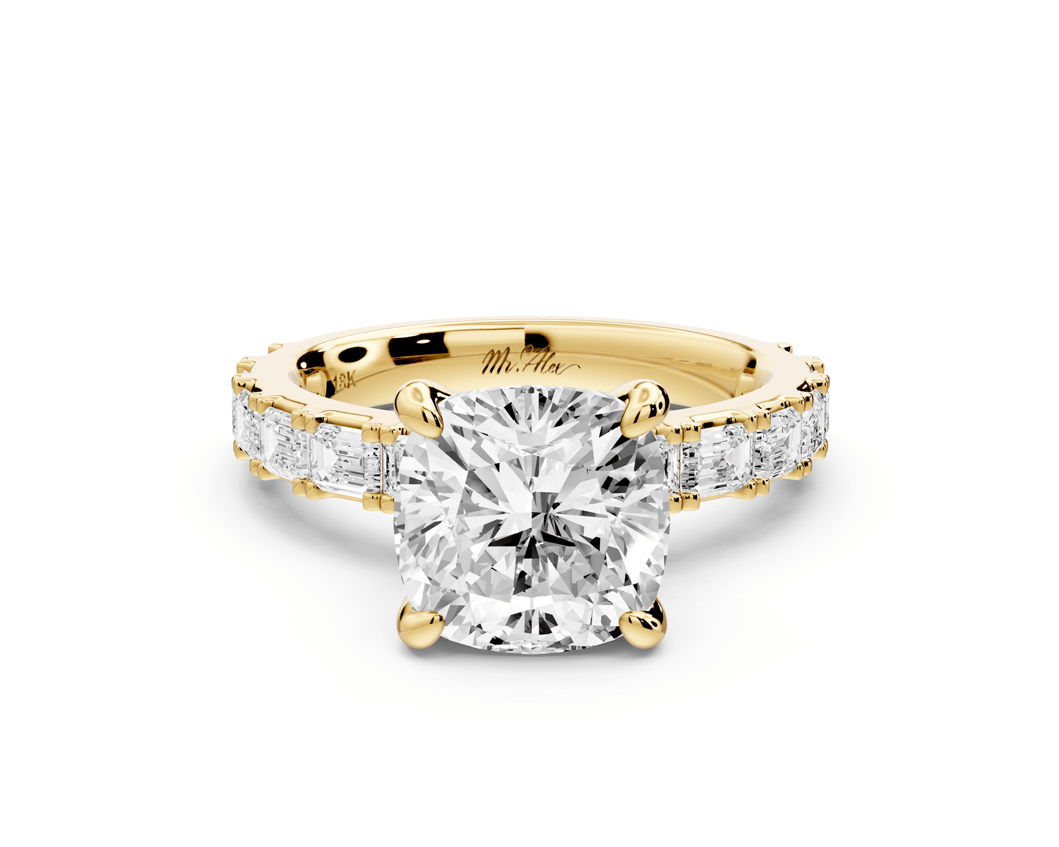 Nadia - 3ct 14k yellow gold cushion diamond with east - west emerald cut accent stones engagement ring - Mr. Alex Jewelry