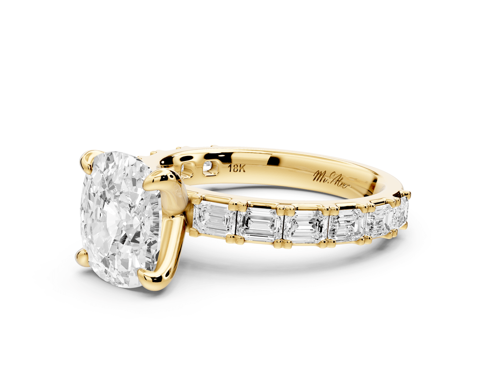 Nadia - 3ct 14k yellow gold ecushion diamond with east - west emerald cut accent stones engagement ring - Mr. Alex Jewelry