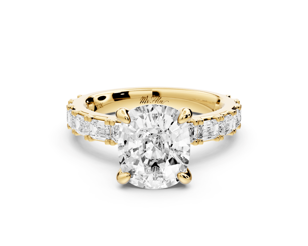 Nadia - 3ct 14k yellow gold ecushion diamond with east - west emerald cut accent stones engagement ring - Mr. Alex Jewelry