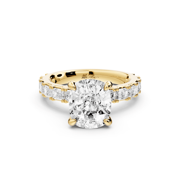 Nadia - 3ct 14k yellow gold ecushion diamond with east - west emerald cut accent stones engagement ring - Mr. Alex Jewelry
