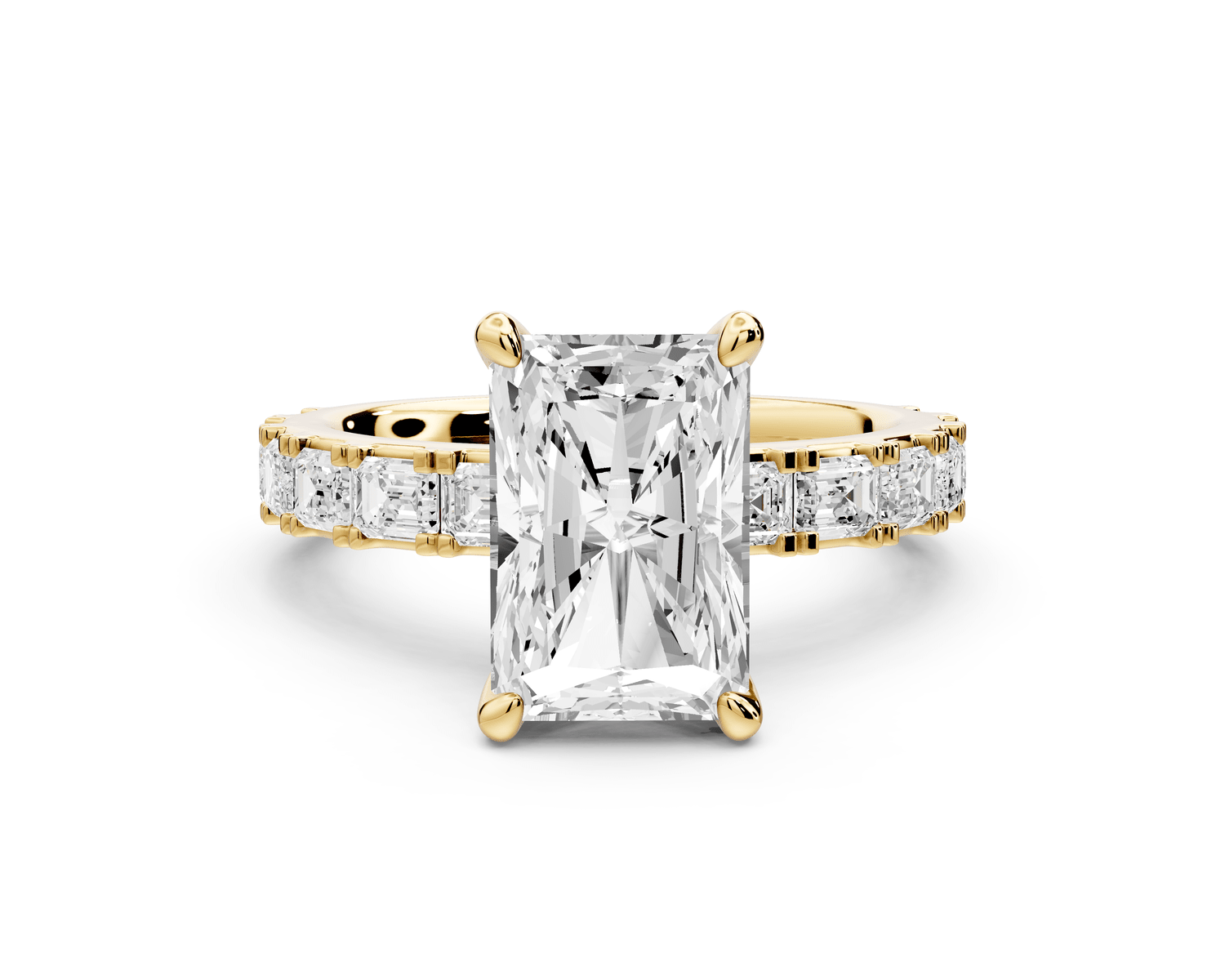 Nadia - 3ct 14k yellow gold radiant diamond with east - west emerald cut accent stones engagement ring - Mr. Alex Jewelry