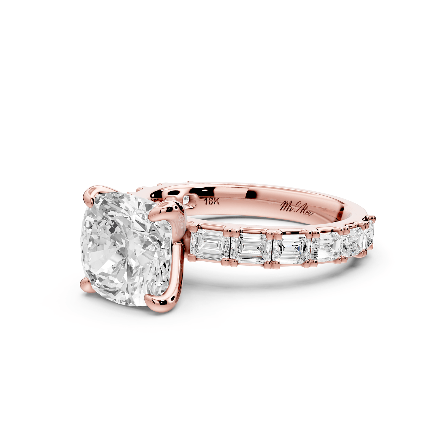 Nadia - 3ct 18k rose gold cushion diamond with east - west emerald cut accent stones engagement ring - Mr. Alex Jewelry