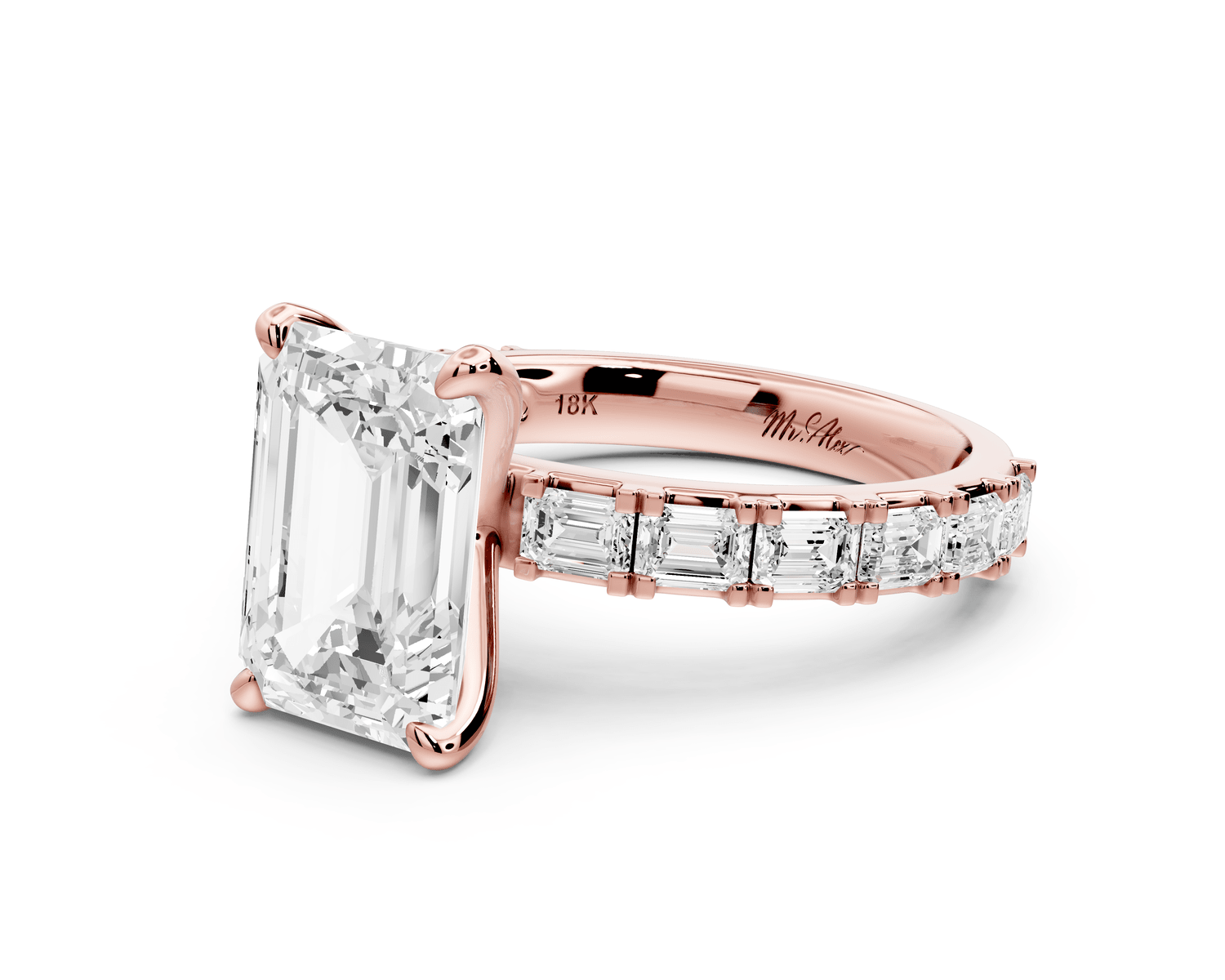 Nadia - 3ct 18k rose gold emerald diamond with east - west emerald cut accent stones engagament ring - Mr. Alex Jewelry