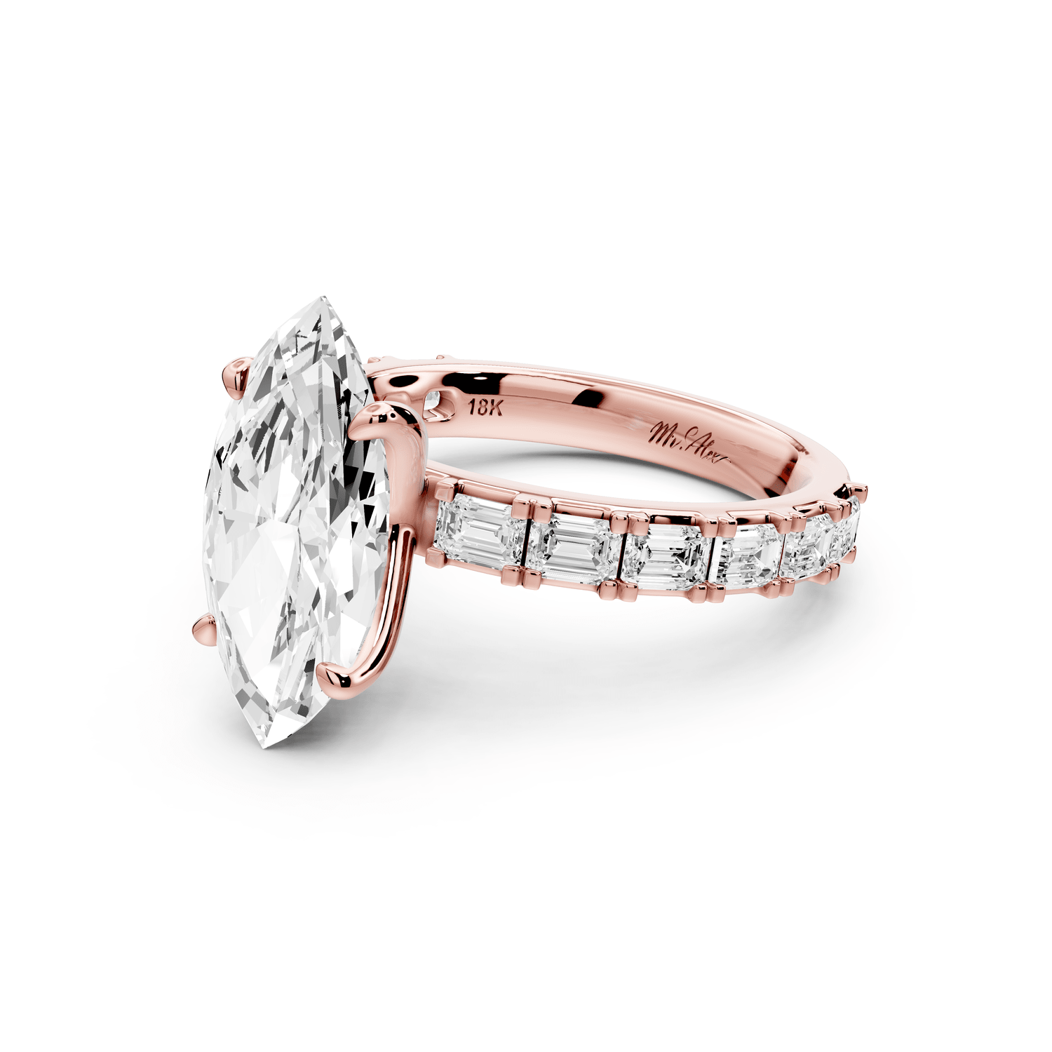 Nadia - 3ct 18k rose gold marquise diamond with east - west emerald cut accent stones engagement ring - Mr. Alex Jewelry