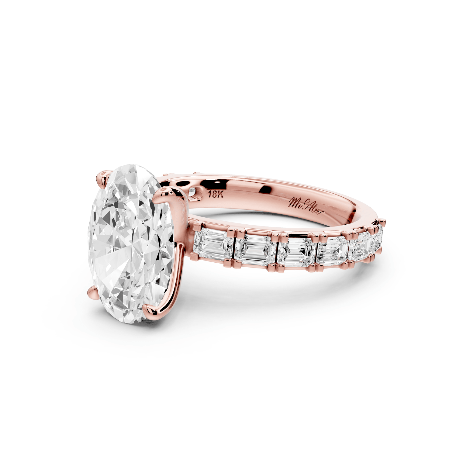 Nadia - 3ct 18k rose gold oval diamond with east - west emerald cut accent stones engagament ring - Mr. Alex Jewelry