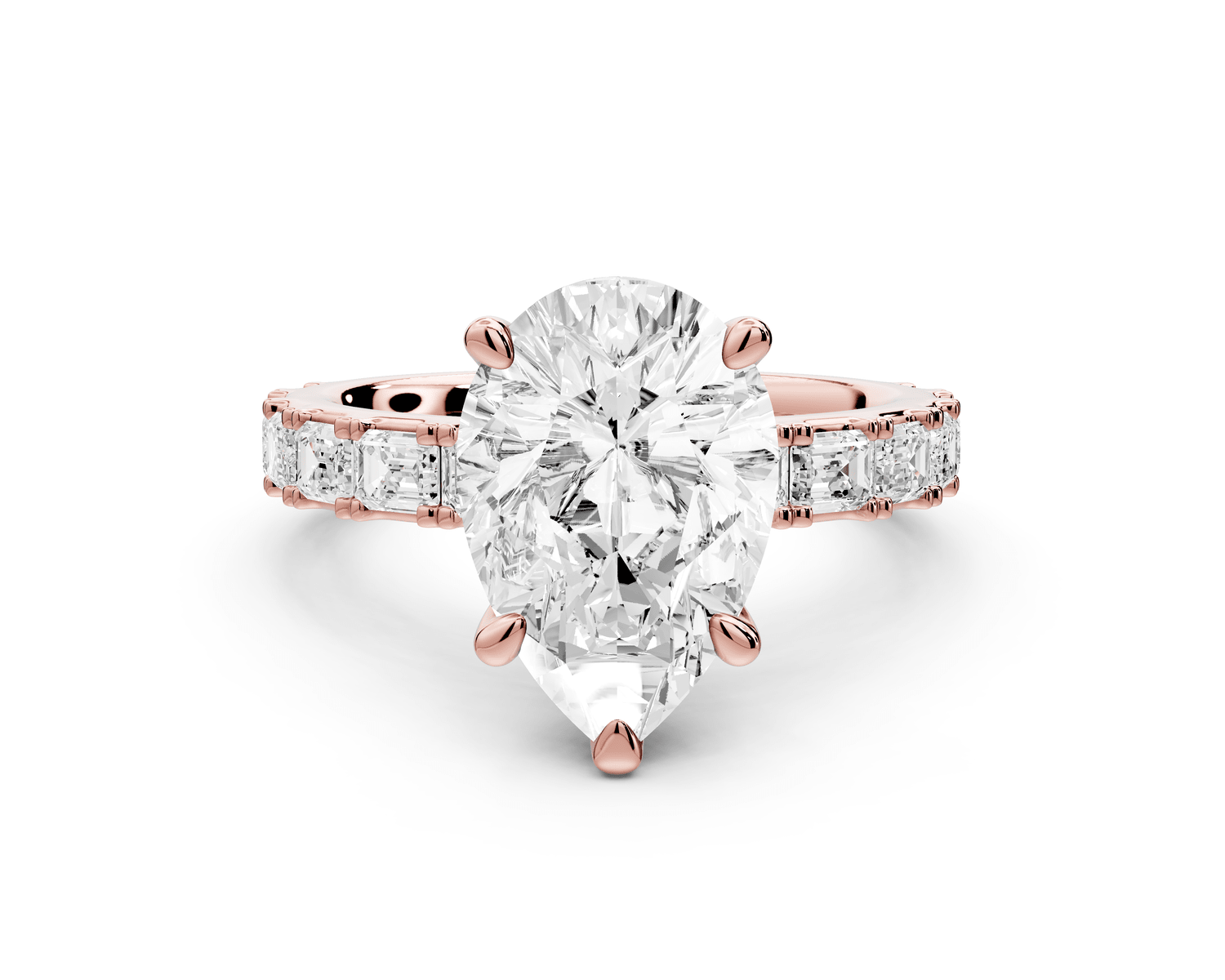 Nadia - 3ct 18k rose gold pear diamond with east - west emerald cut accent stones engagament ring - Mr. Alex Jewelry