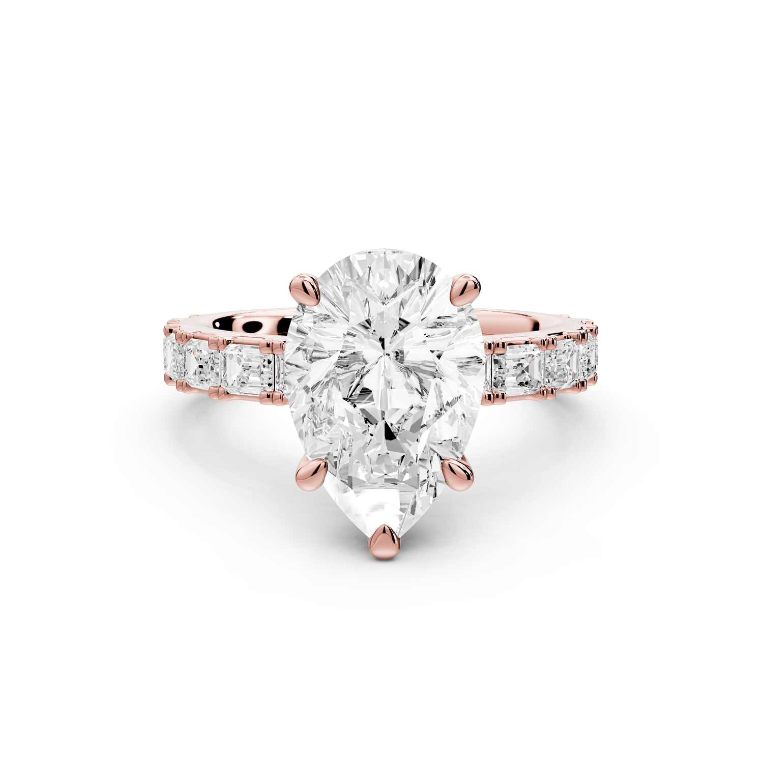 Nadia - 3ct 18k rose gold pear diamond with east - west emerald cut accent stones engagament ring - Mr. Alex Jewelry