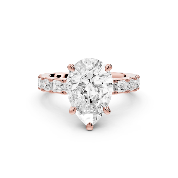Nadia - 3ct 18k rose gold pear diamond with east - west emerald cut accent stones engagament ring - Mr. Alex Jewelry