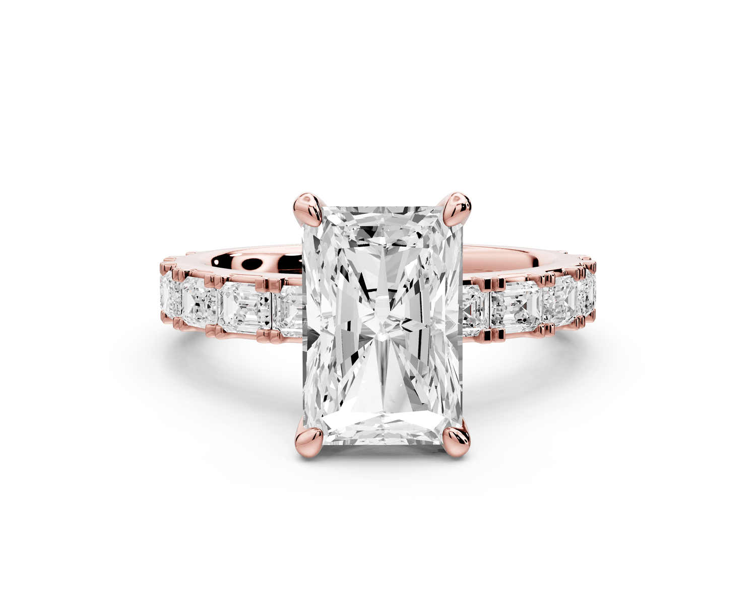 Nadia - 3ct 18k rose gold radiant diamond with east - west emerald cut accent stones engagement ring - Mr. Alex Jewelry