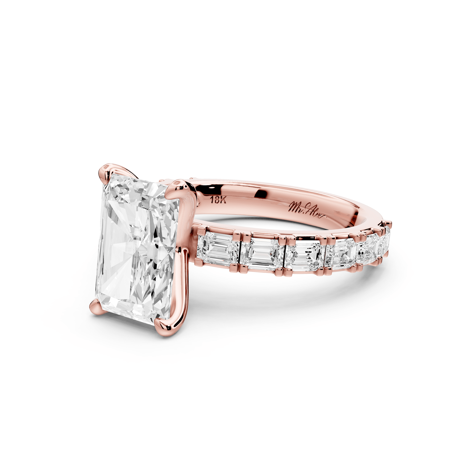 Nadia - 3ct 18k rose gold radiant diamond with east - west emerald cut accent stones engagement ring - Mr. Alex Jewelry