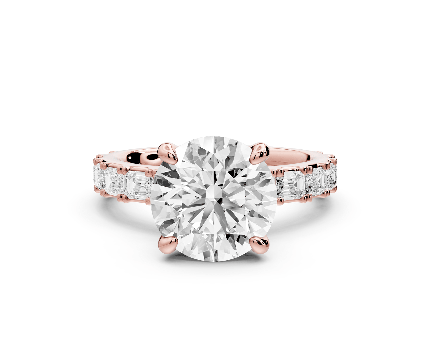 Nadia - 3ct 18k rose gold round diamond with east - west emerald cut accent stones engagement ring - Mr. Alex Jewelry