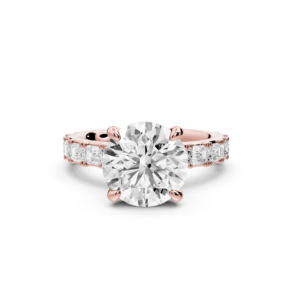 Nadia - 3ct 18k rose gold round diamond with east - west emerald cut accent stones engagement ring - Mr. Alex Jewelry
