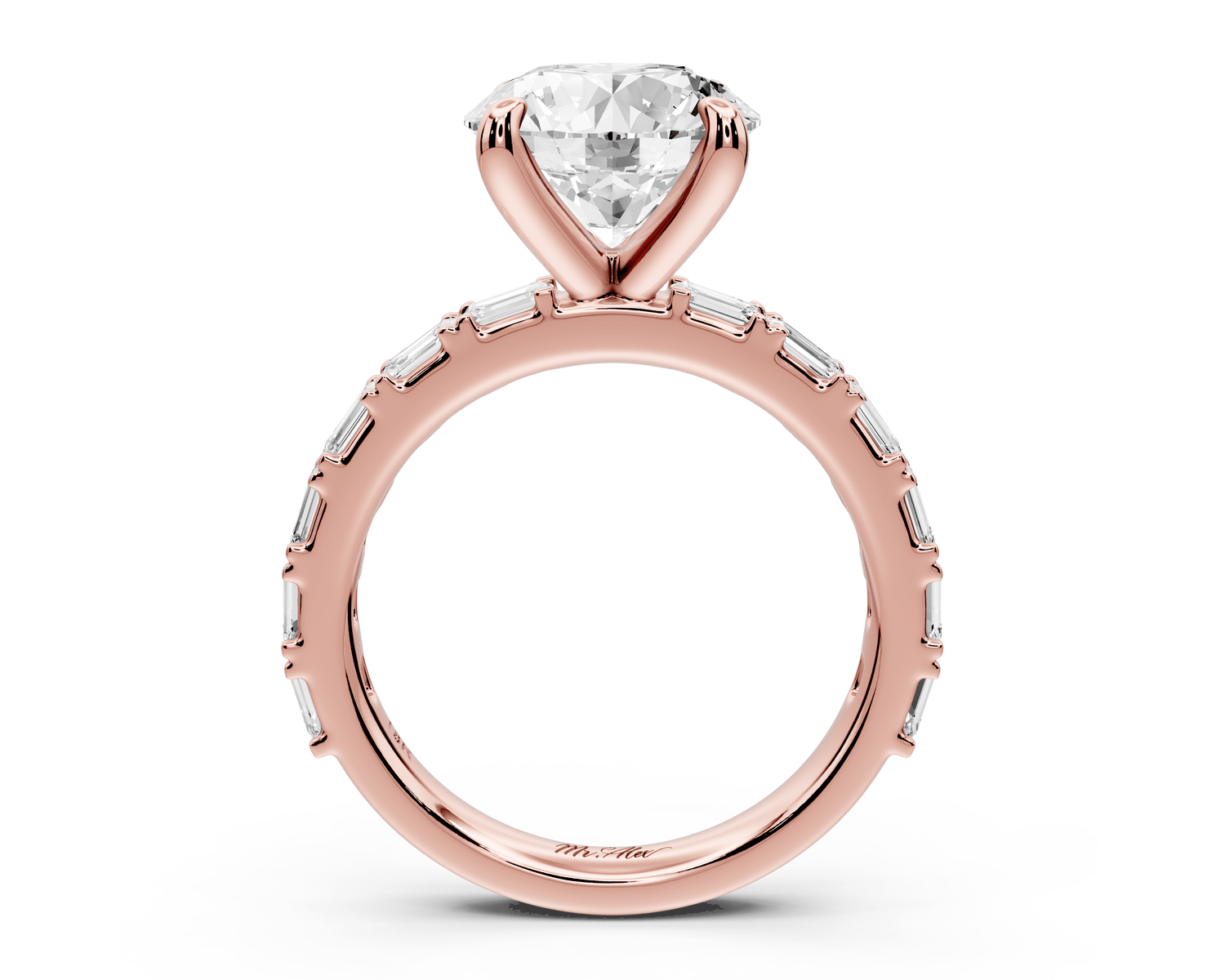 Nadia - 3ct 18k rose gold round diamond with east - west emerald cut accent stones engagement ring - Mr. Alex Jewelry