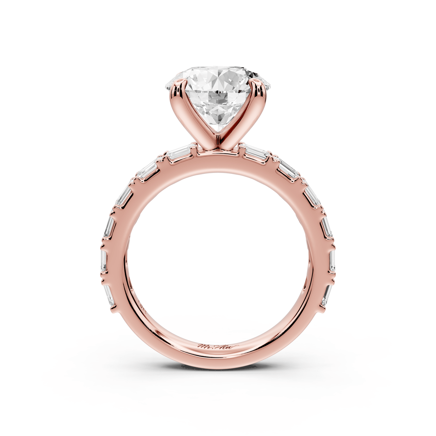 Nadia - 3ct 18k rose gold round diamond with east - west emerald cut accent stones engagement ring - Mr. Alex Jewelry