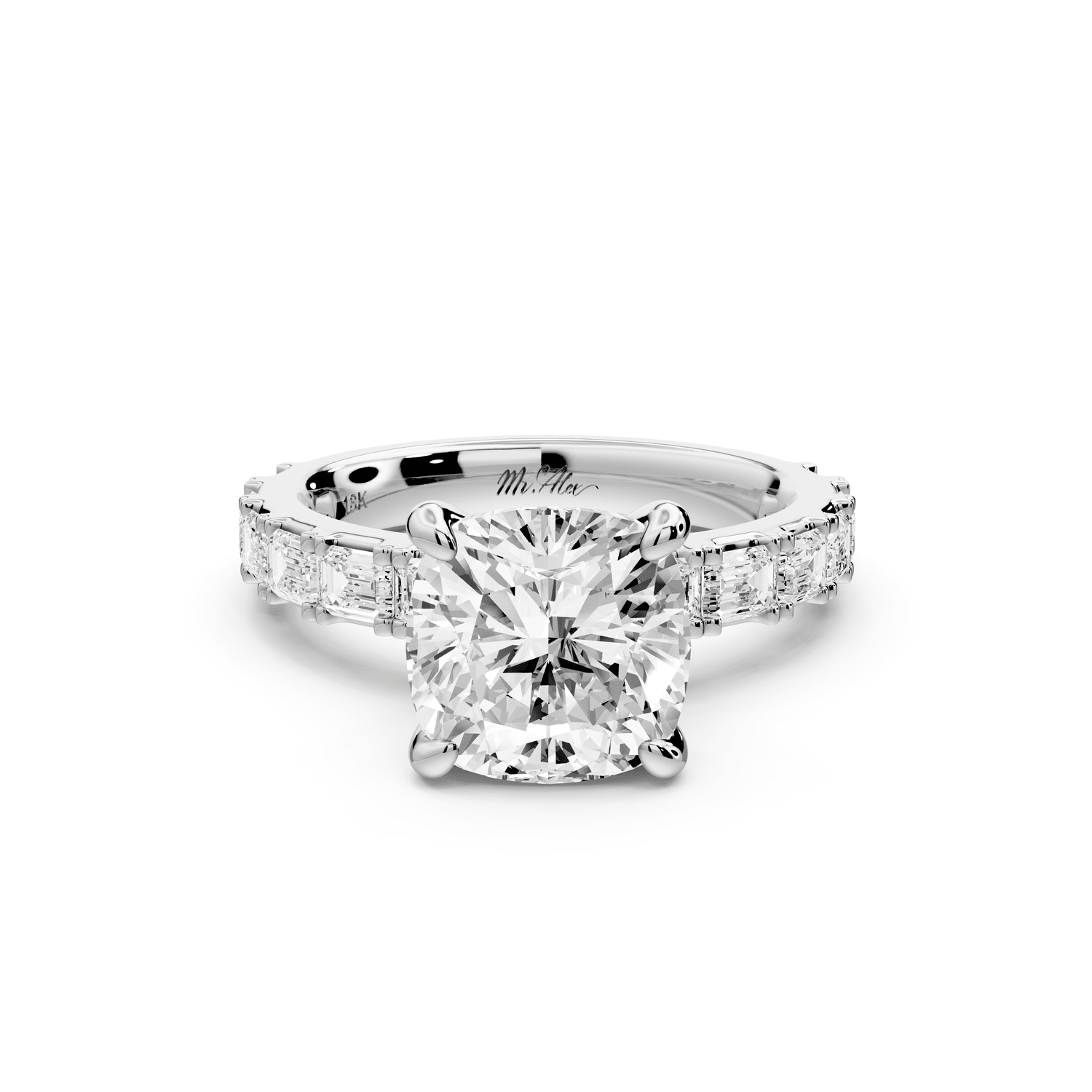 Nadia - 3ct 18k white gold cushion diamond with east - west emerald cut accent stones engagement ring - Mr. Alex Jewelry