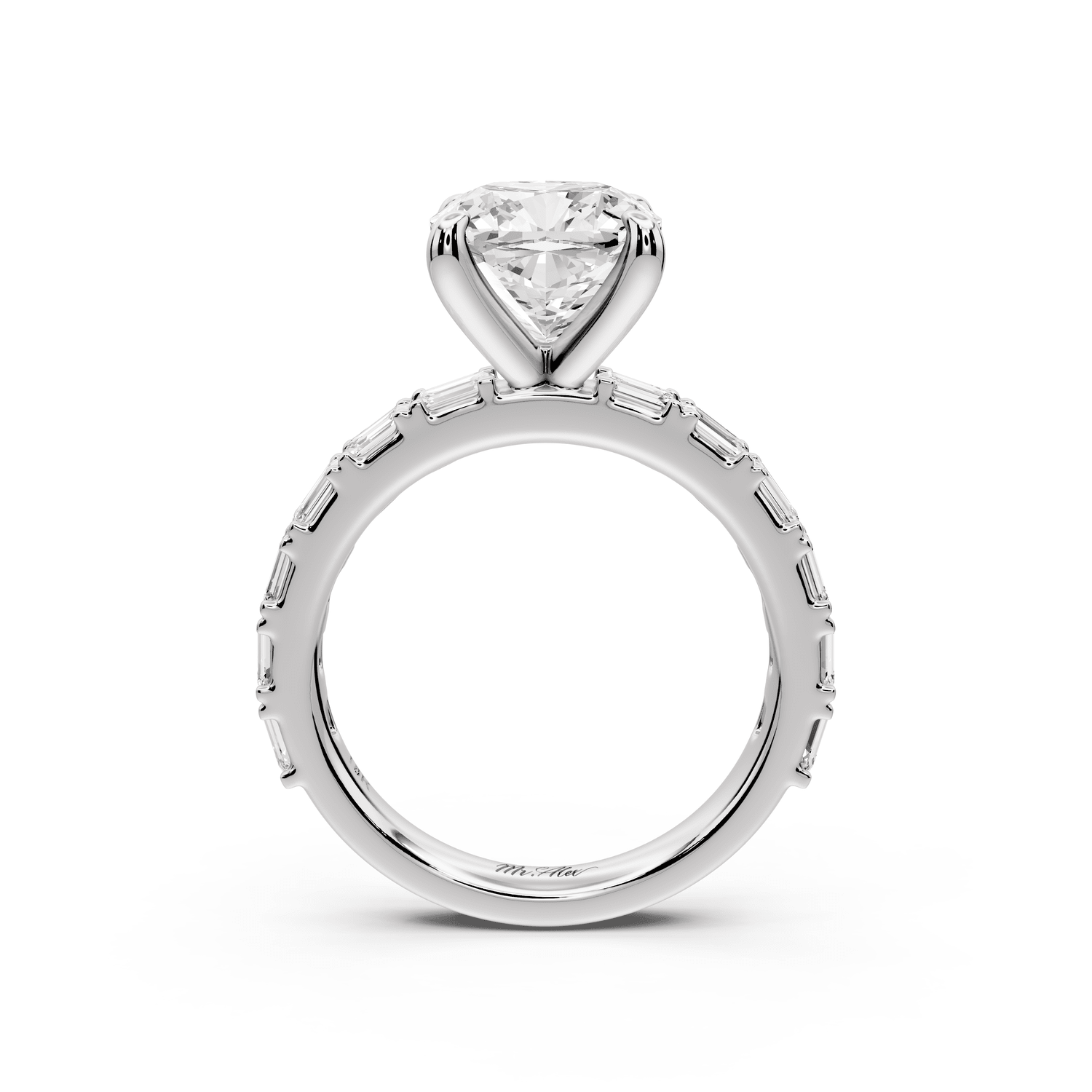 Nadia - 3ct 18k white gold cushion diamond with east - west emerald cut accent stones engagement ring - Mr. Alex Jewelry