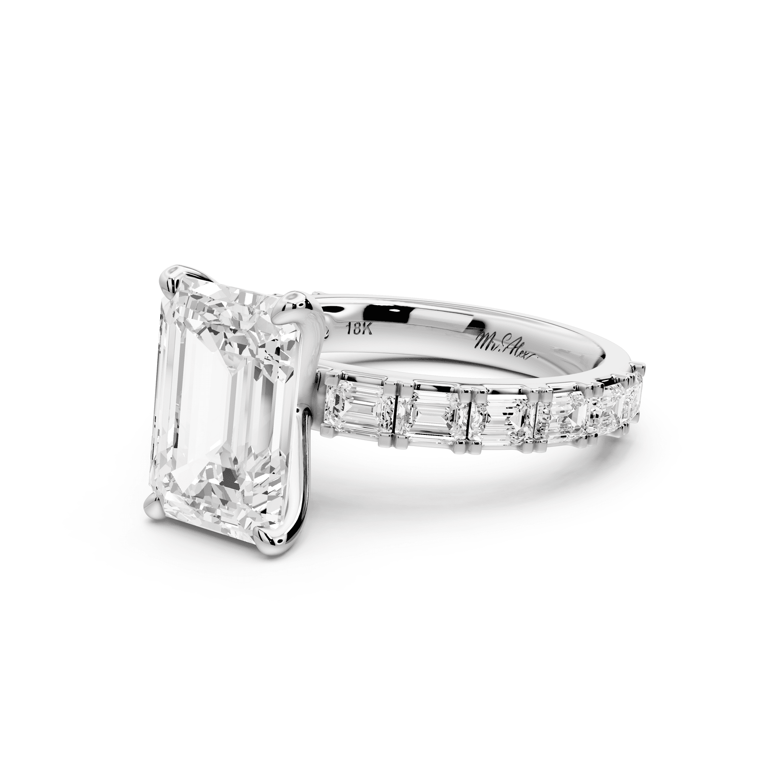 Nadia - 3ct 18k white gold emerald diamond with east - west emerald cut accent stones engagament ring - Mr. Alex Jewelry