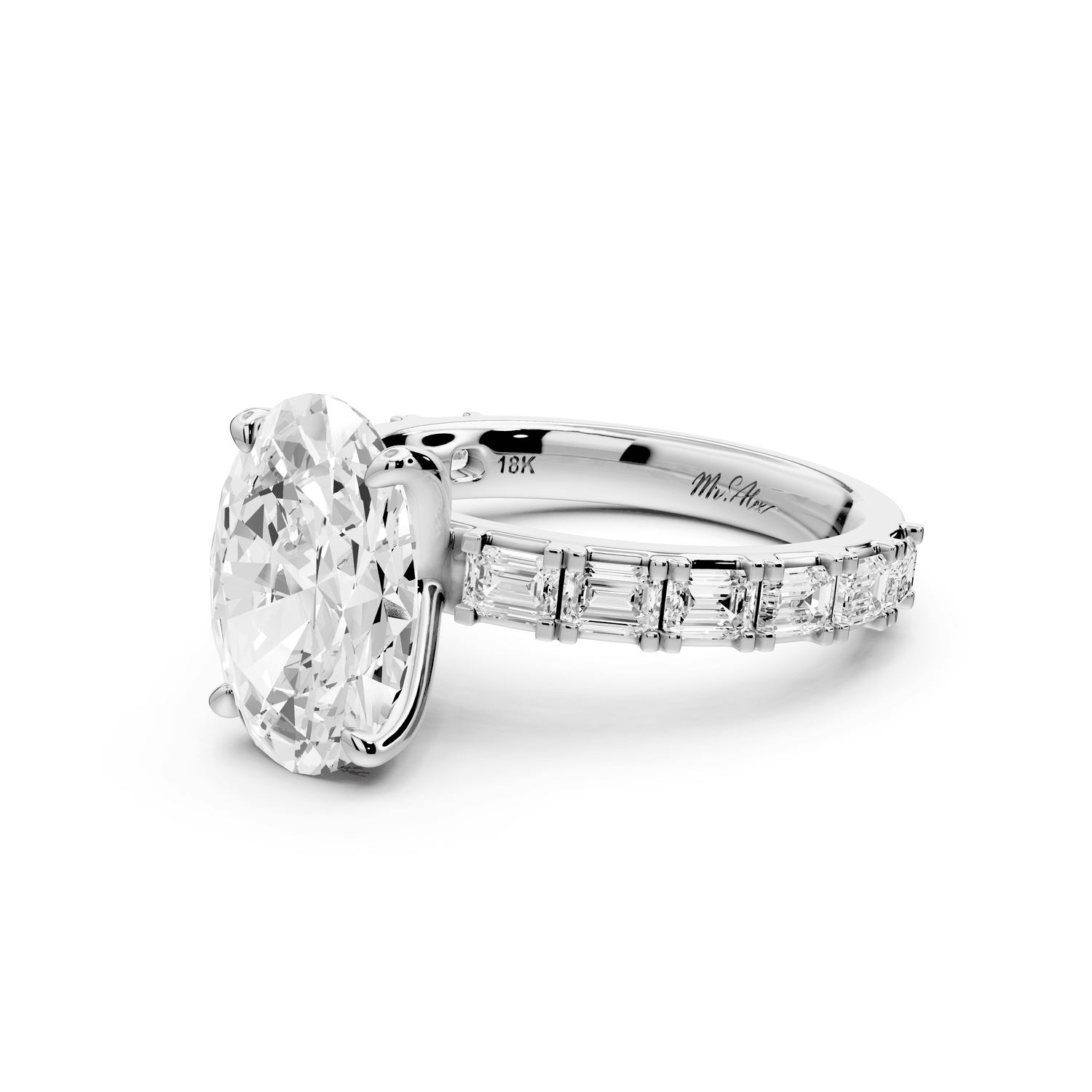 Nadia - 3ct 18k white gold oval diamond with east - west emerald cut accent stones engagament ring - Mr. Alex Jewelry
