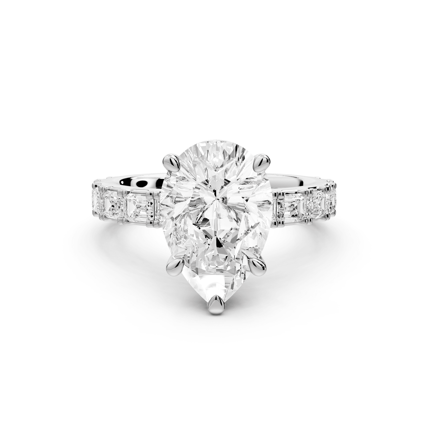 Nadia - 3ct 18k white gold pear diamond with east - west emerald cut accent stones engagament ring - Mr. Alex Jewelry