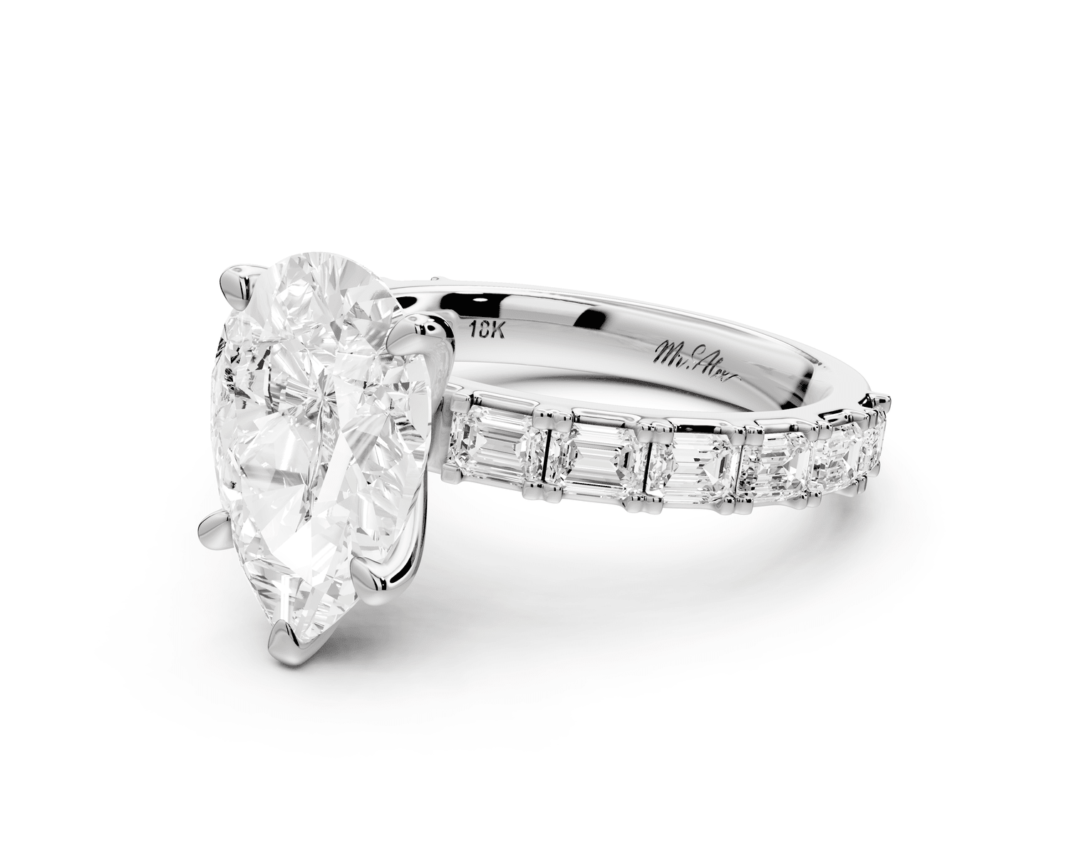 Nadia - 3ct 18k white gold pear diamond with east - west emerald cut accent stones engagament ring - Mr. Alex Jewelry