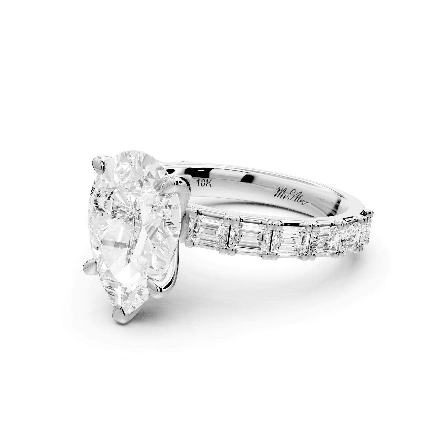 Nadia - 3ct 18k white gold pear diamond with east - west emerald cut accent stones engagament ring - Mr. Alex Jewelry