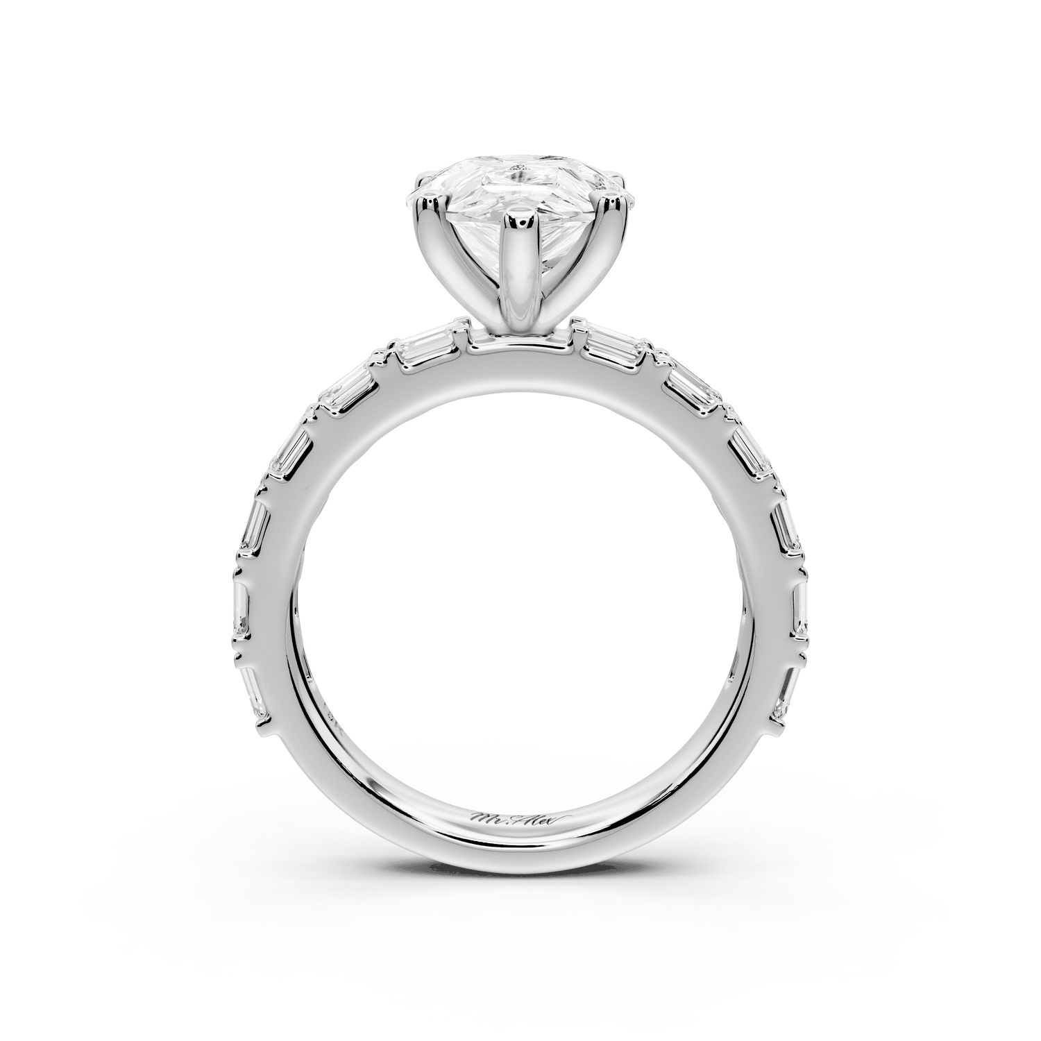 Nadia - 3ct 18k white gold pear diamond with east - west emerald cut accent stones engagament ring - Mr. Alex Jewelry