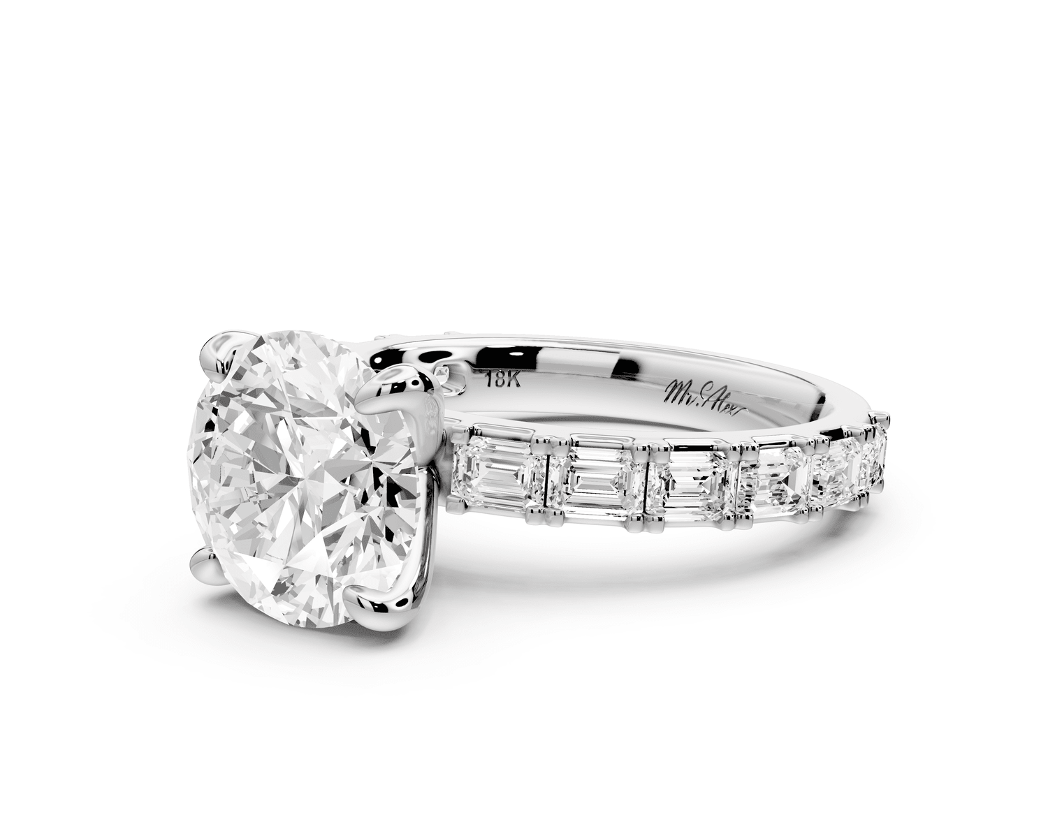 Nadia - 3ct 18k white gold round diamond with east - west emerald cut accent stones engagement ring - Mr. Alex Jewelry