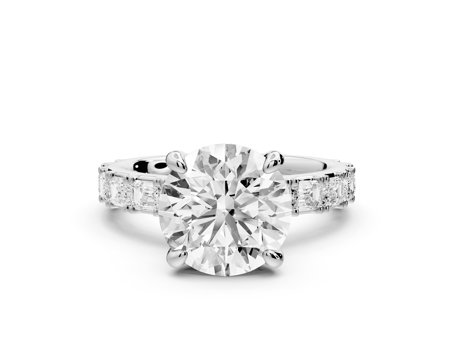 Nadia - 3ct 18k white gold round diamond with east - west emerald cut accent stones engagement ring - Mr. Alex Jewelry