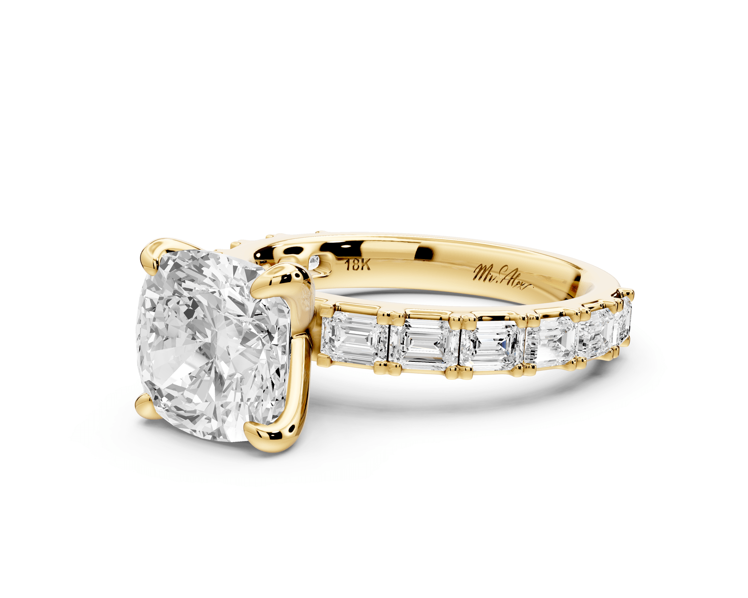 Nadia - 3ct 18k yellow gold cushion diamond with east - west emerald cut accent stones engagement ring - Mr. Alex Jewelry
