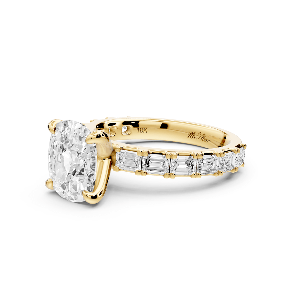 Nadia - 3ct 18k yellow gold ecushion diamond with east - west emerald cut accent stones engagement ring - Mr. Alex Jewelry