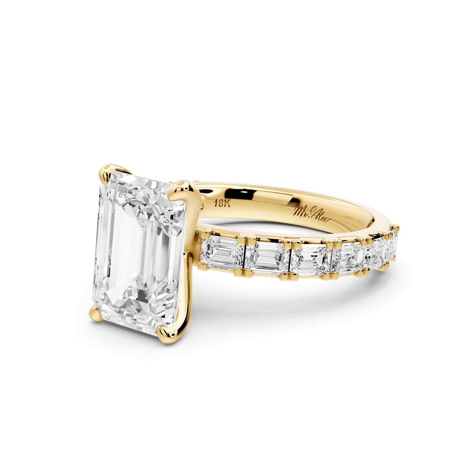 Nadia - 3ct 18k yellow gold emerald diamond with east - west emerald cut accent stones engagament ring - Mr. Alex Jewelry