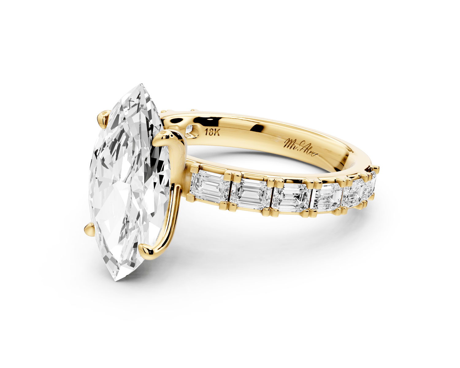 Nadia - 3ct 18k yellow gold marquise diamond with east - west emerald cut accent stones engagement ring - Mr. Alex Jewelry