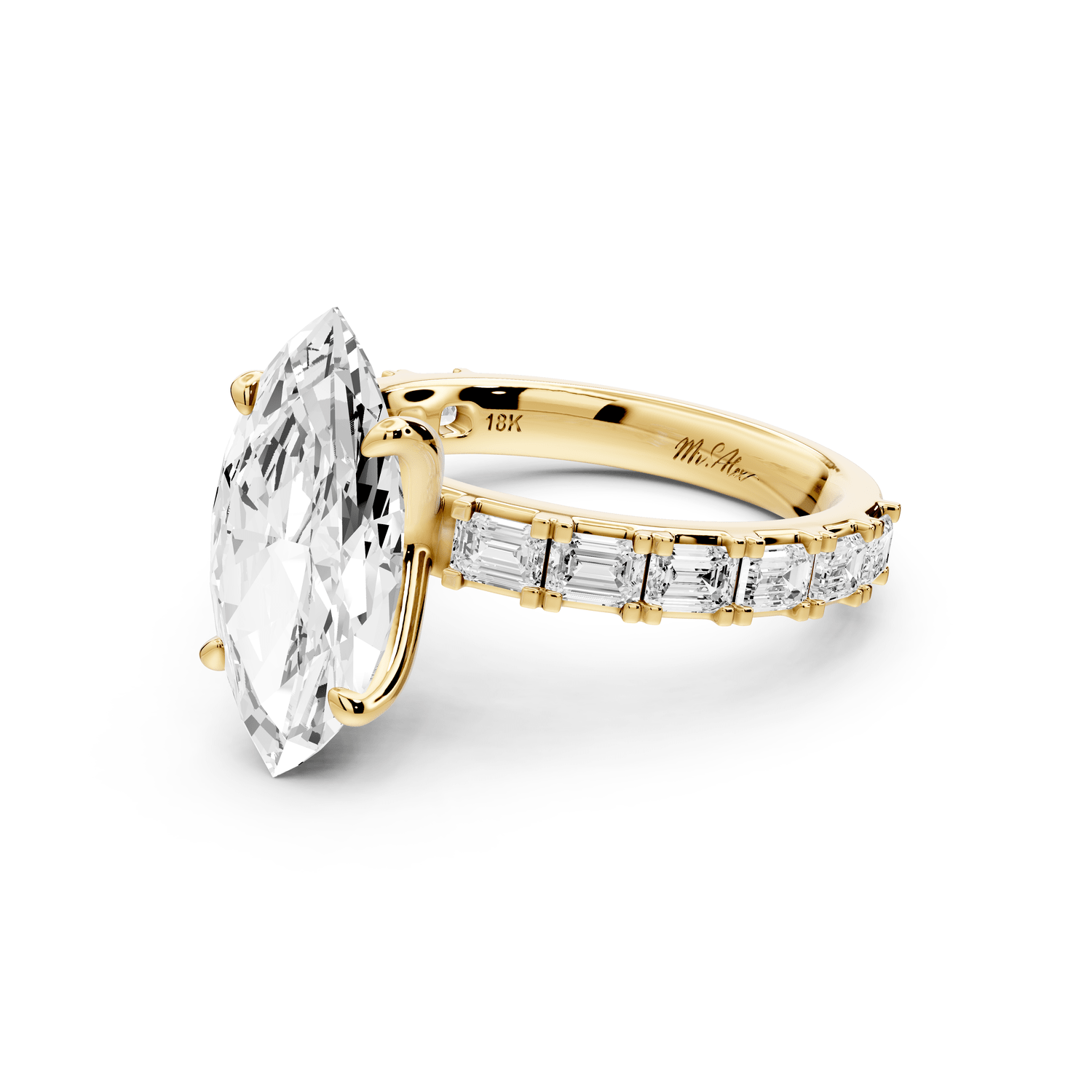 Nadia - 3ct 18k yellow gold marquise diamond with east - west emerald cut accent stones engagement ring - Mr. Alex Jewelry